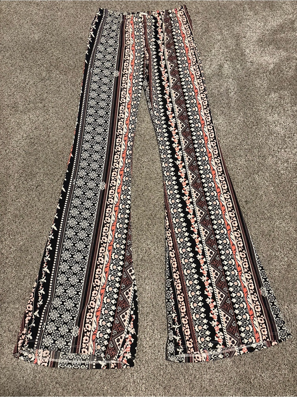 Love Tree Black, Coral & Cream Patterned Boho Wide-Leg flare Pants